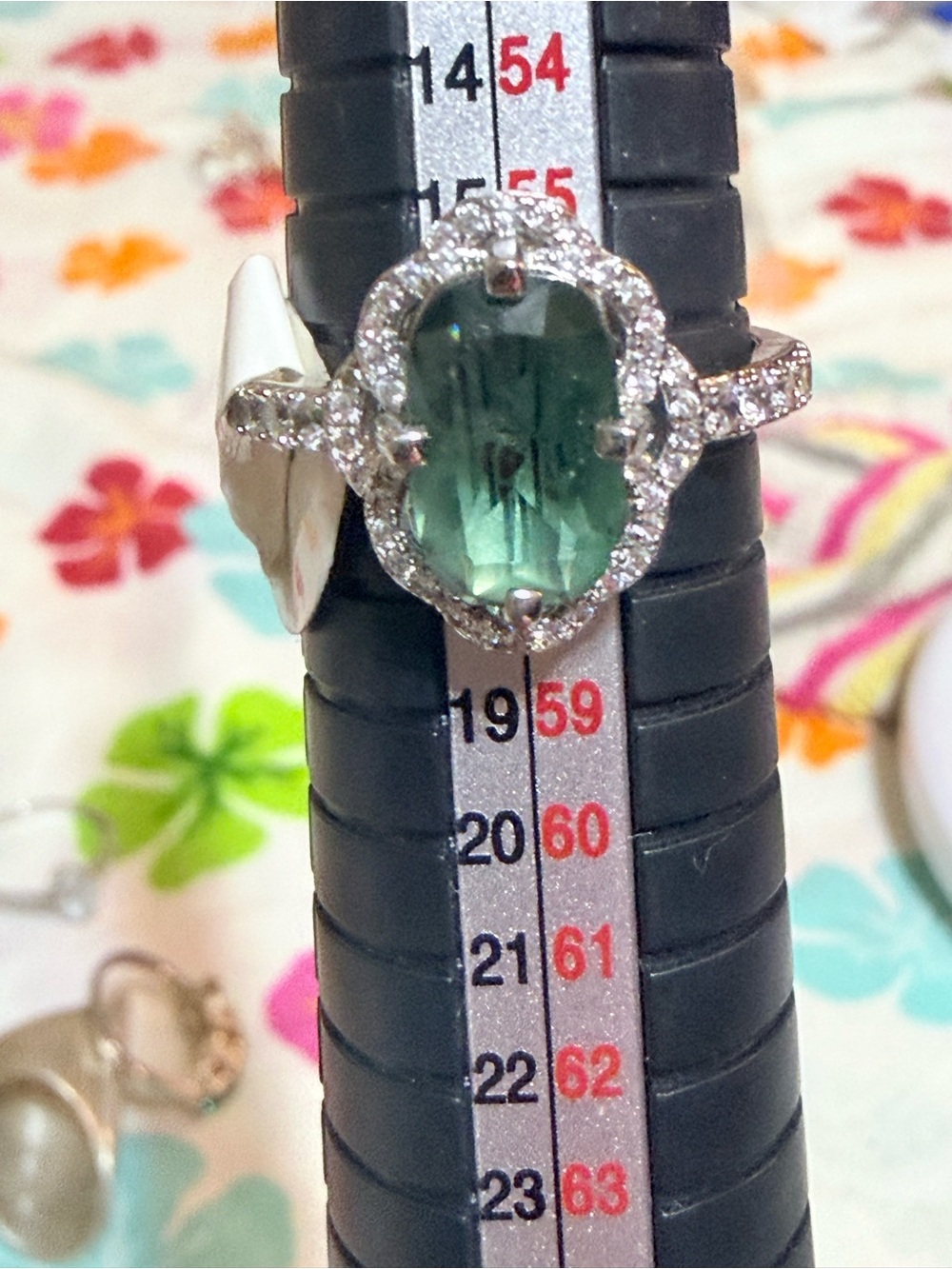 Green Oval Halo Ring with Simulated Diamonds - Women Jewelry size 7
